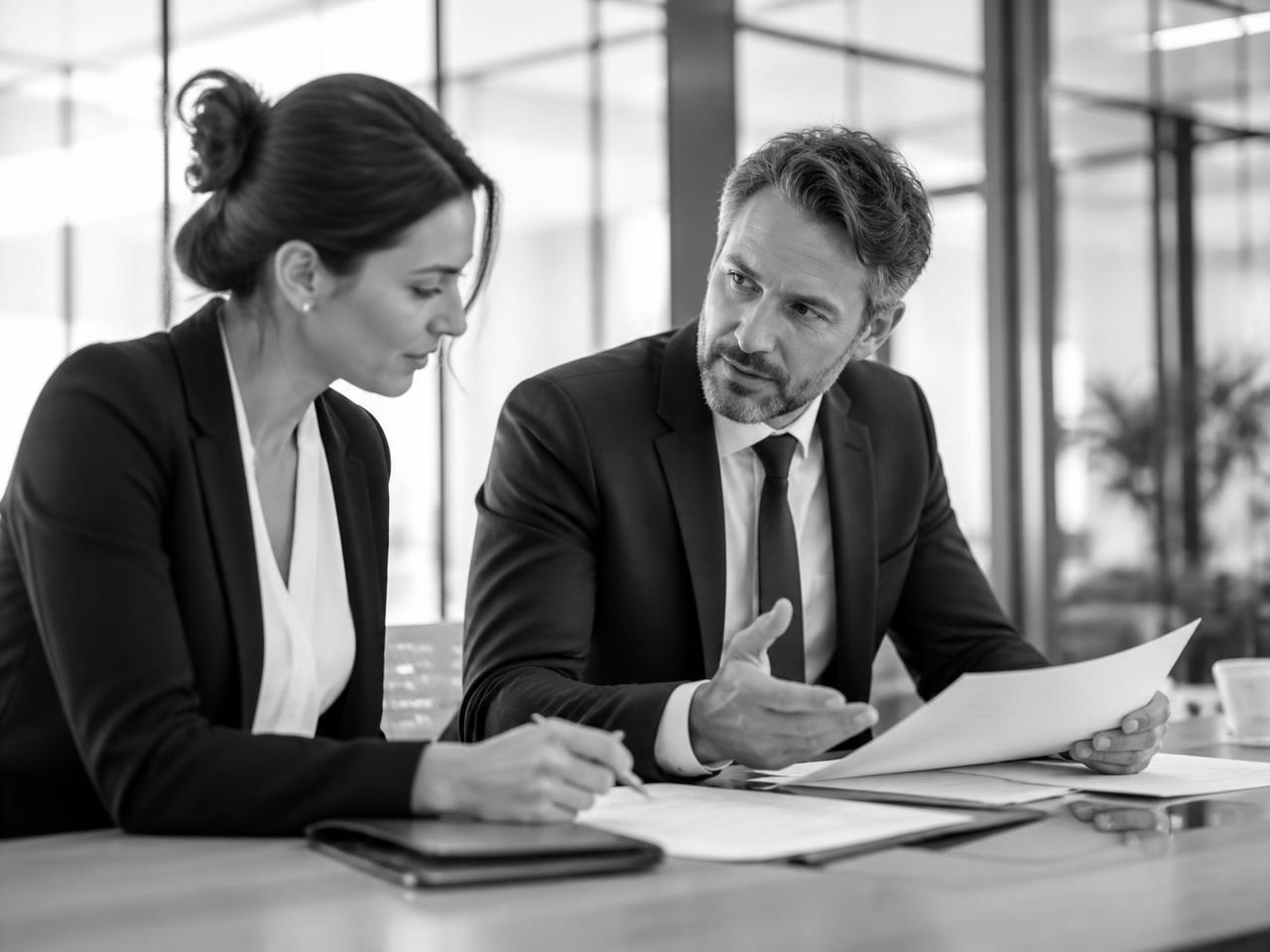 Deux professionnels du droit en réunion de travail